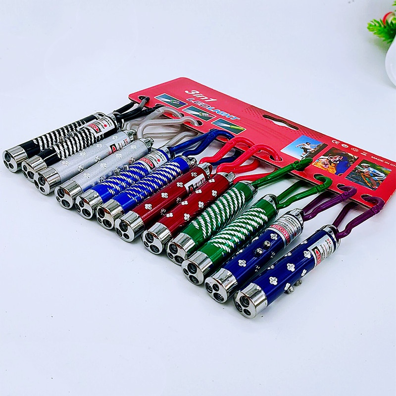 Đèn pin mini đa năng vỏ nhôm móc khóa 3in1: đèn led, đèn laser laze đỏ trợ giảng thuyết trình, đèn tia tím soi tiền giả