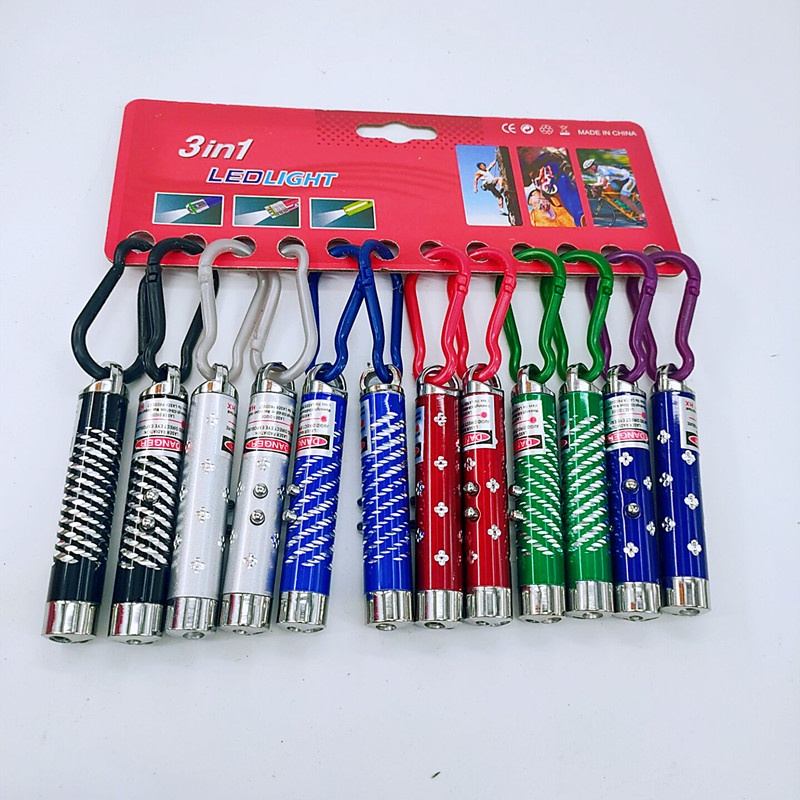 Đèn pin mini đa năng vỏ nhôm móc khóa 3in1: đèn led, đèn laser laze đỏ trợ giảng thuyết trình, đèn tia tím soi tiền giả