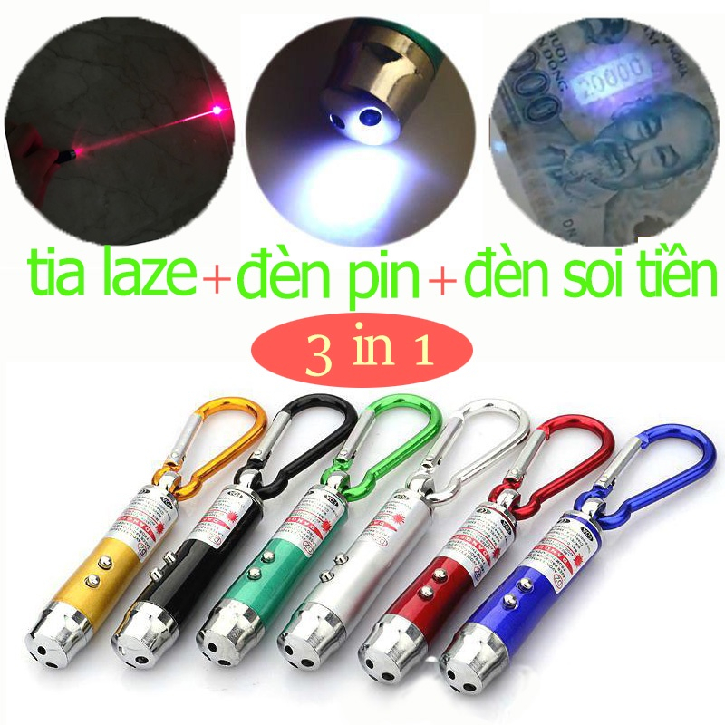 Đèn pin mini đa năng vỏ nhôm móc khóa 3in1: đèn led, đèn laser laze đỏ trợ giảng thuyết trình, đèn tia tím soi tiền giả