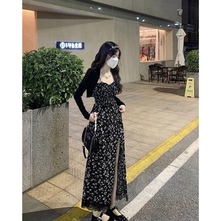 SET ĐẦM MIDI HOA ĐEN 2S XẺ ĐÙI KÈM KHOÁC CROP