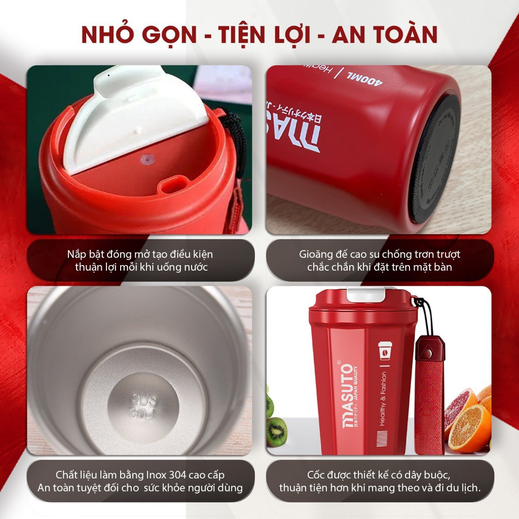 Bình giữ nhiệt mini Masuto 400ml inox 304 an toàn giữ nóng lạnh có đế mút cao su quai xách tiện dụng