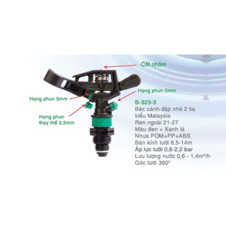 Béc tưới phun mưa cánh đập 2 tia 323-3 Ren ngoài 21-27, béc quay 360 độ xanh lá đen