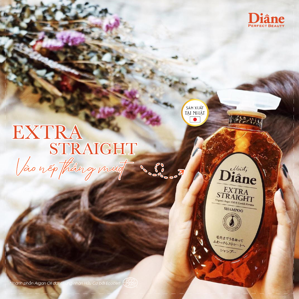 Cặp Gội Xả Vào Nếp Suôn Mượt Moist Diane Extra Straight dành cho mái tóc khô, quăn, không vào nếp