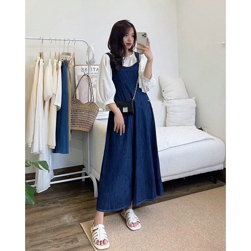 Đầm jean yếm thun sau dáng maxi dài xoè + áo sơ mi tơ lụa