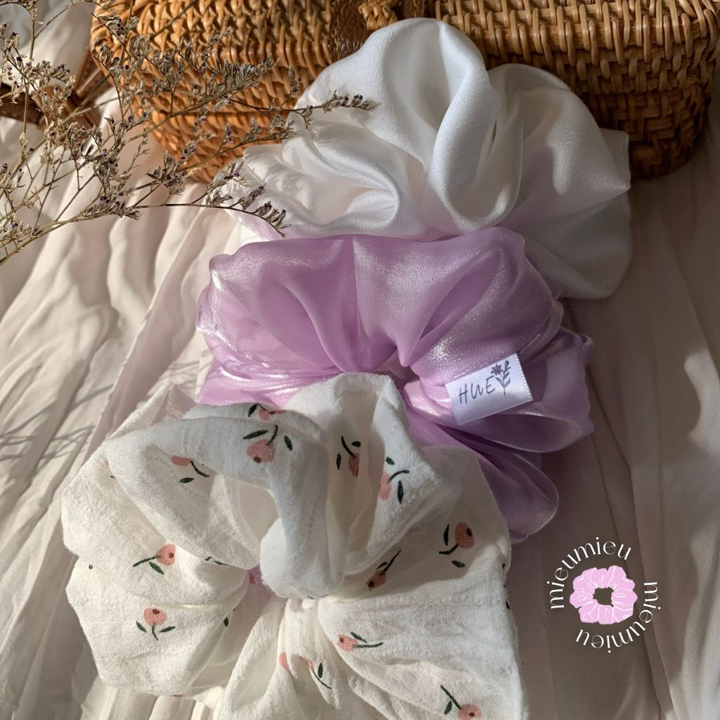 Cột tóc scrunchies handmade hoạ tiết tone tím pastel xinh xắn S1055