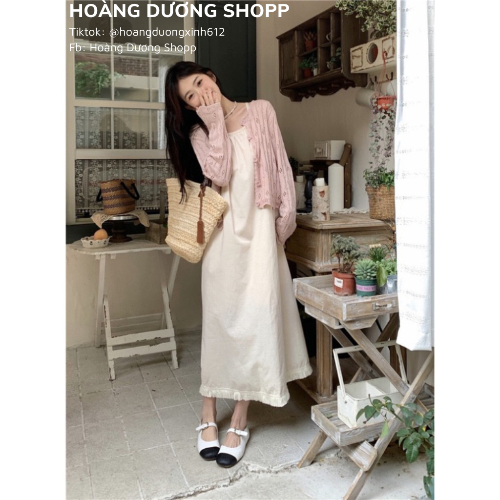 Váy đầm suông dáng rộng màu be sữa, Váy hai dây tiểu thư dáng suông dài tua rua đi biển mùa hè