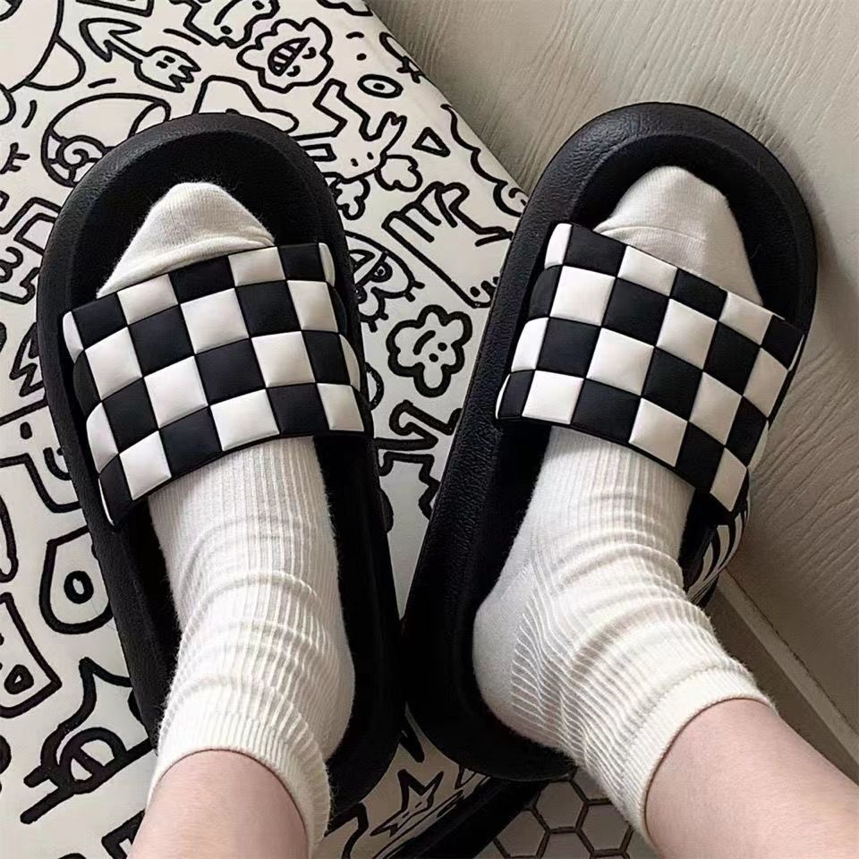 Dép quai ngang caro 、Dép Sọc Caro  Trắng Đen Chống Trượt Thời Trang Mùa Hè Cho Nam Và Nữ