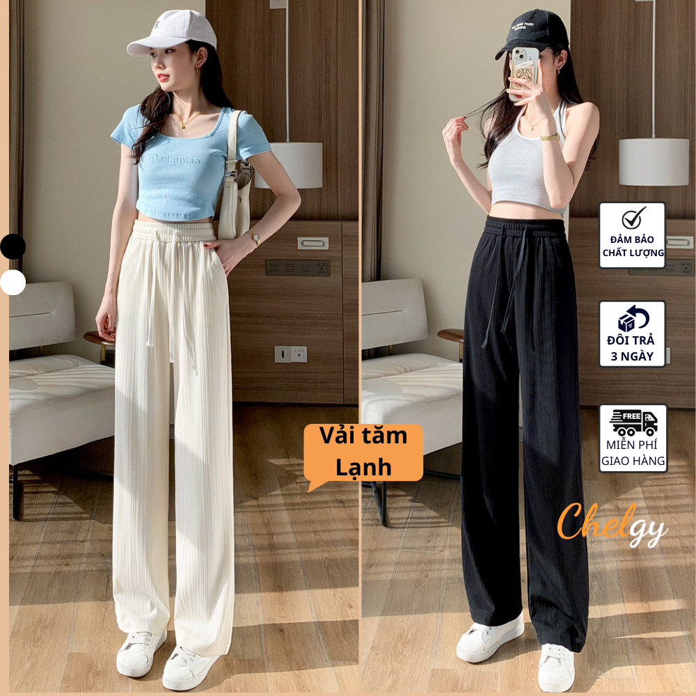 Quần ống rộng nữ Chelgy vải tăm dáng suông cạp chun cao tôn dáng, quần dài nữ chất thun co giãn màu đen, trắng CG-VT501