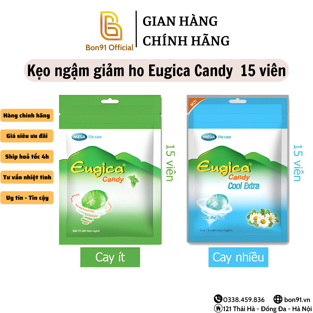 (Gói 15 viên) Eugica Candy kẹo ngậm giảm ho đau họng từ thảo dược Mega We Care