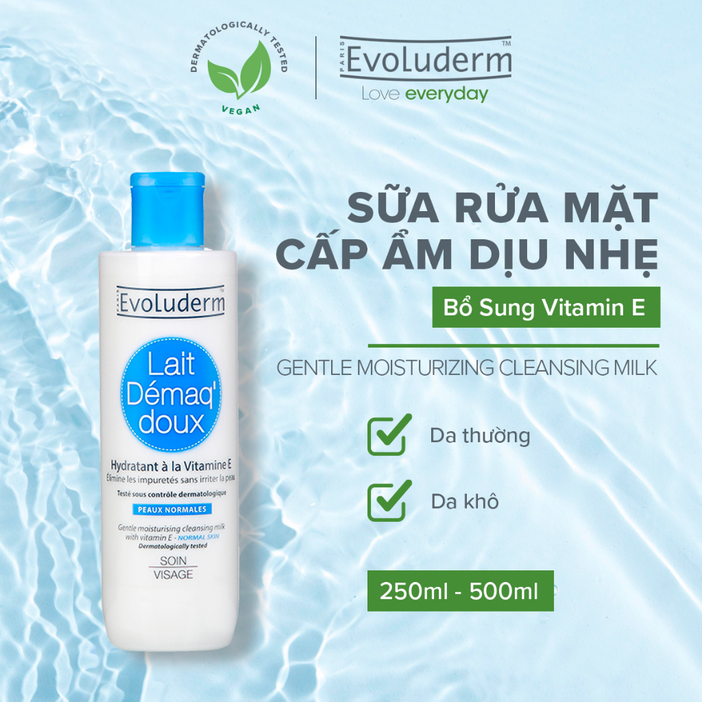 Sữa rửa mặt Evoluderm bổ sung Vitamin E giúp dưỡng ẩm và làm tươi trẻ làn da 250ml