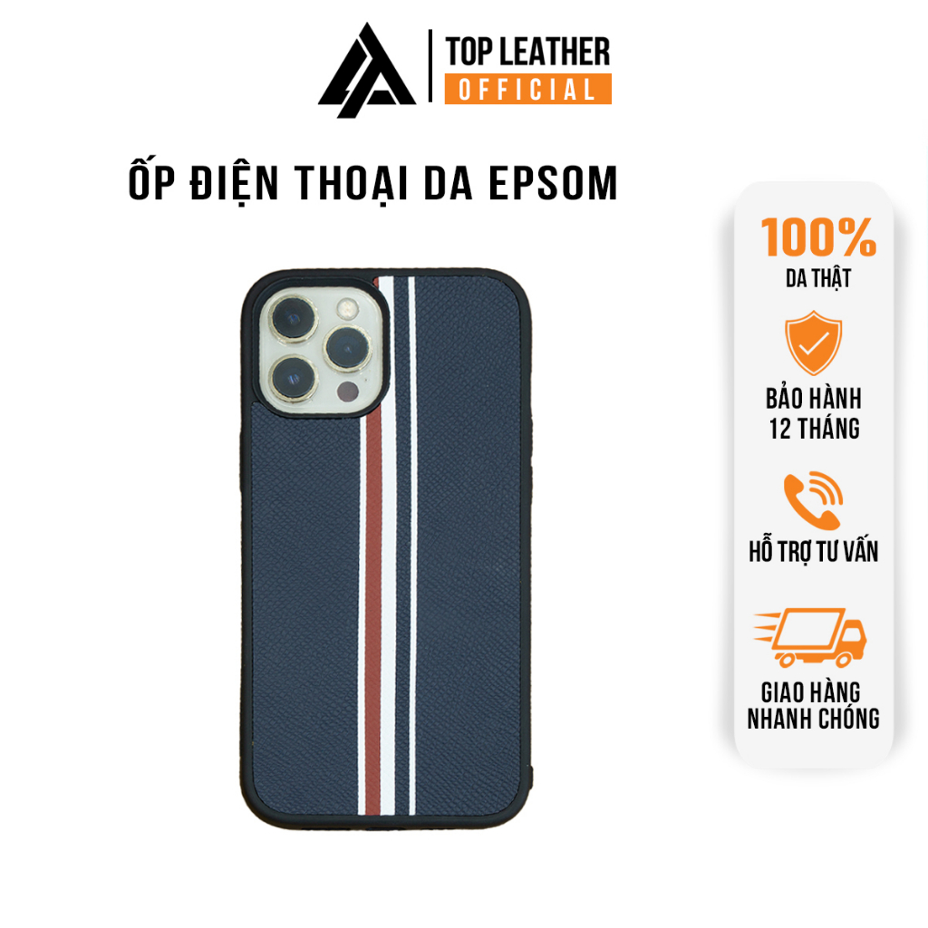 Ốp da viền đen thủ công Epsom Thom Browne xanh dương IPhone 14/14Plus/14Pro/14Prm/13/13Pro/13Prm/12/12Pro/12Prm/11/11Prm