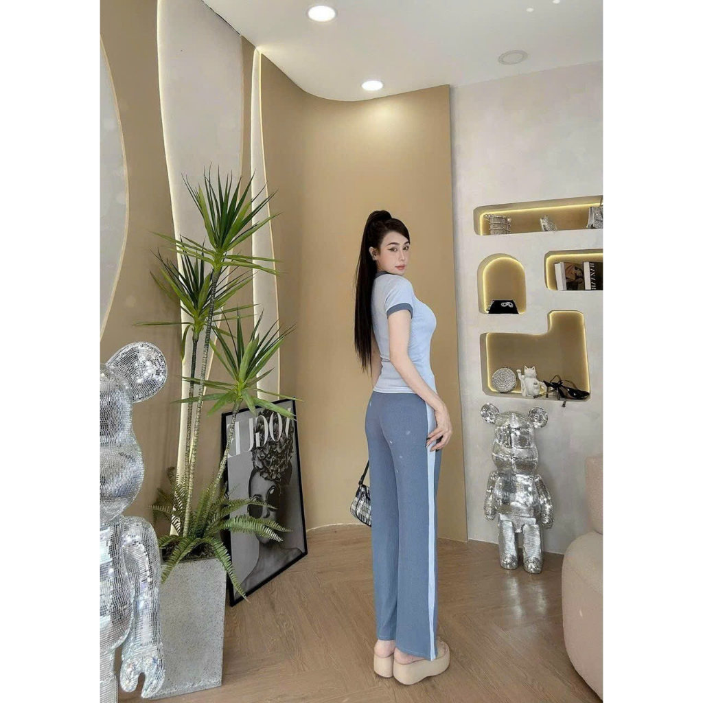 [5.5 Sales Freeship] Set bộ thun phối màu siêu hot, set áo thun tay ngắn ôm body mix quần dài ống suông phối viền mtb