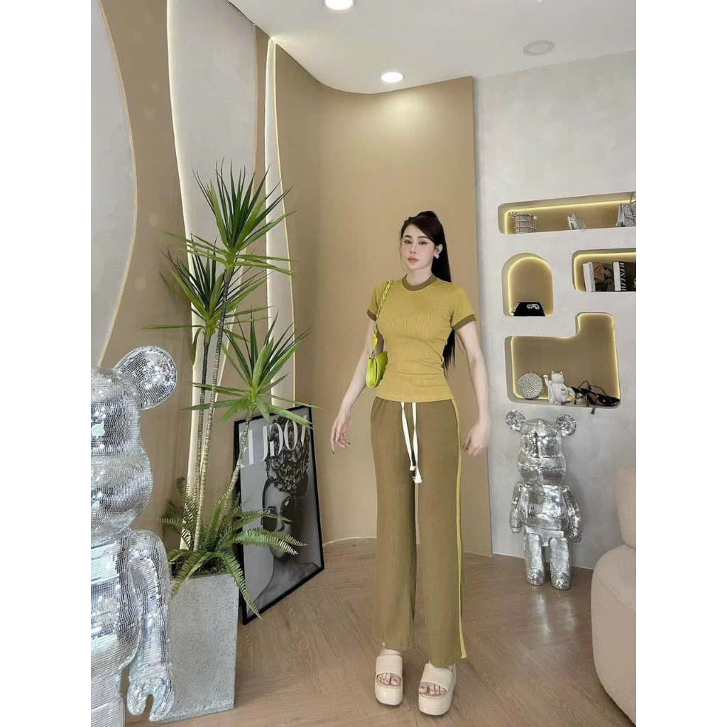 [5.5 Sales Freeship] Set bộ thun phối màu siêu hot, set áo thun tay ngắn ôm body mix quần dài ống suông phối viền mtb