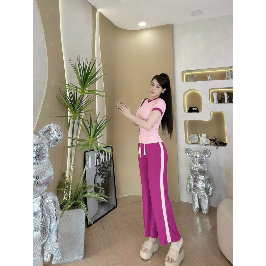 [5.5 Sales Freeship] Set bộ thun phối màu siêu hot, set áo thun tay ngắn ôm body mix quần dài ống suông phối viền mtb