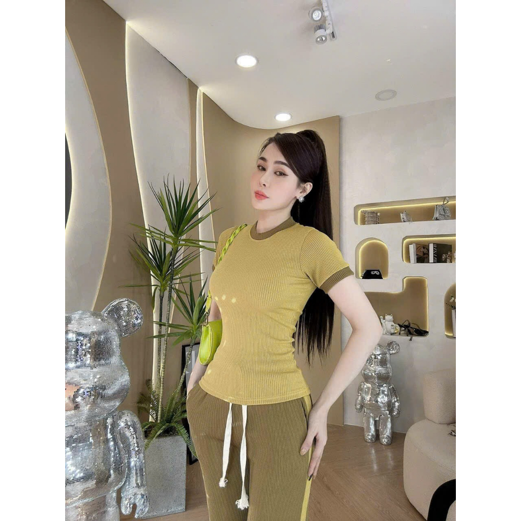 [5.5 Sales Freeship] Set bộ thun phối màu siêu hot, set áo thun tay ngắn ôm body mix quần dài ống suông phối viền mtb