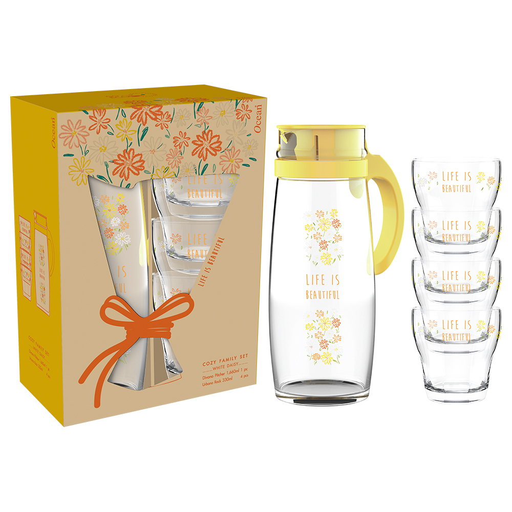 Bộ bình + 4 ly thủy tinh COZY Family - Vàng