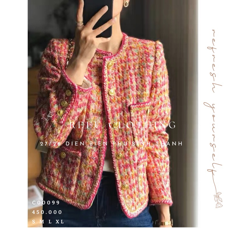 (pre-order) áo khoác dạ tweed màu đỏ hồng cam phối độc đáo nút mạ vàng