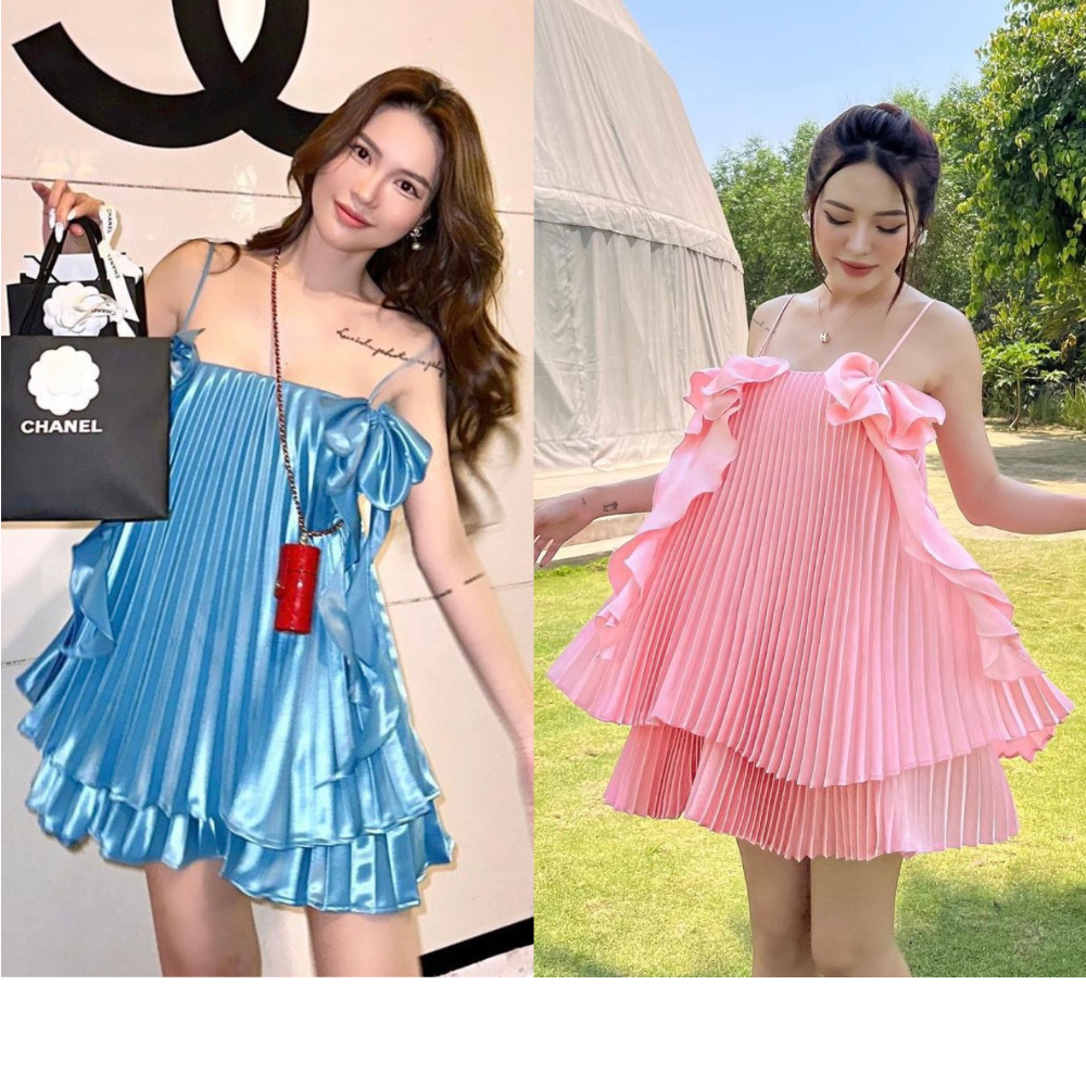Đầm Nữ 2 Dây Đi Biển MELLYSTORE,Đầm Dập Ly Dáng Xòe 2 Lớp Đính Nơ Sang Chảnh Chất Vải TAFTA Lụa Cao Cấp