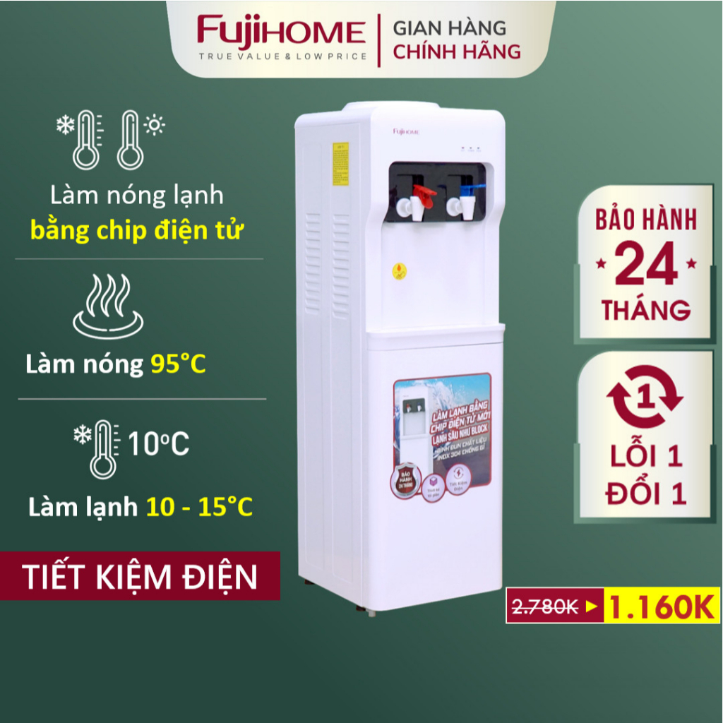 Cây nước nóng lạnh Nhập Khẩu Fujihome WD5320E, bình lọc tủ máy lọc nước nóng lạnh mini uống công nghệ Nhật Bản