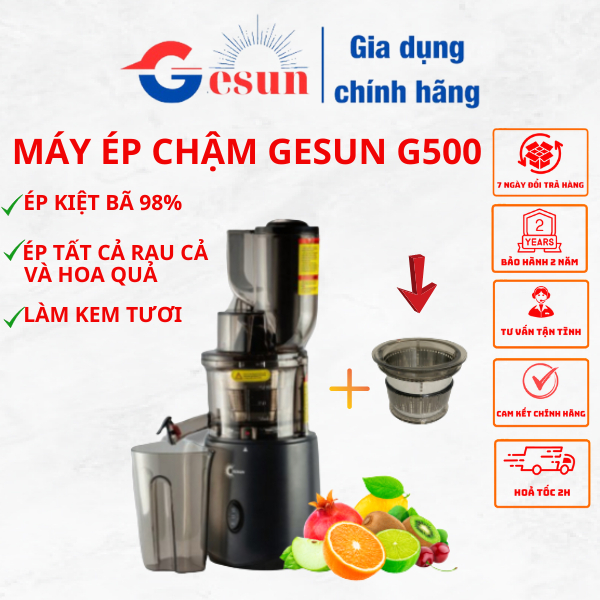 Máy ép chậm Gesun G500 công suất 240W - Máy ép trái cây, hoa quả, rau củ kiệt bã kèm lưới làm kem, bảo hành 24tháng