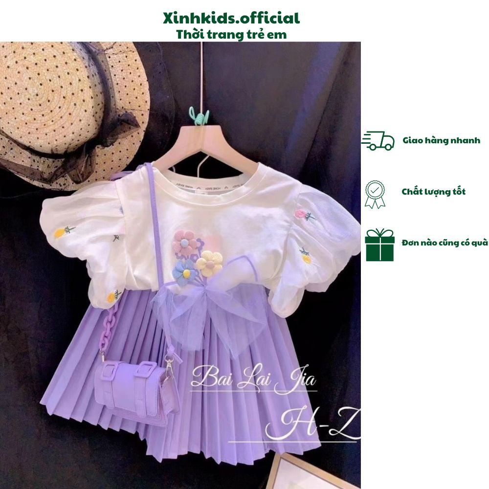 Set bộ bé gái gồm 1 áo phông cute và 1 chân váy xếp ly màu tím mẫu mới 2023, set cho bé gái siêu xinh.