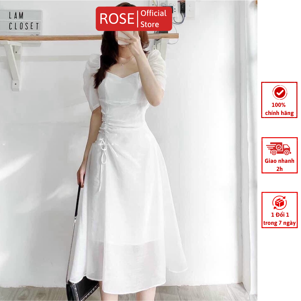 Đầm Dư Tiệc Sang Chảnh Tay Phồng Thiết Kế Dáng Dài Nữ Tính Màu Trắng, Đỏ, Xanh | ROSE CLOTHING D0305