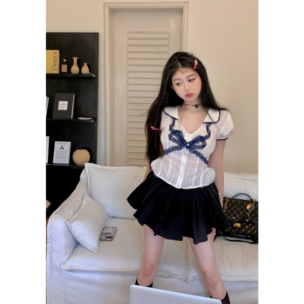 ÁO CROPTOP SƠ MI TRẮNG VẢI THÔ MÁT MỎNG PHỐI NƠ