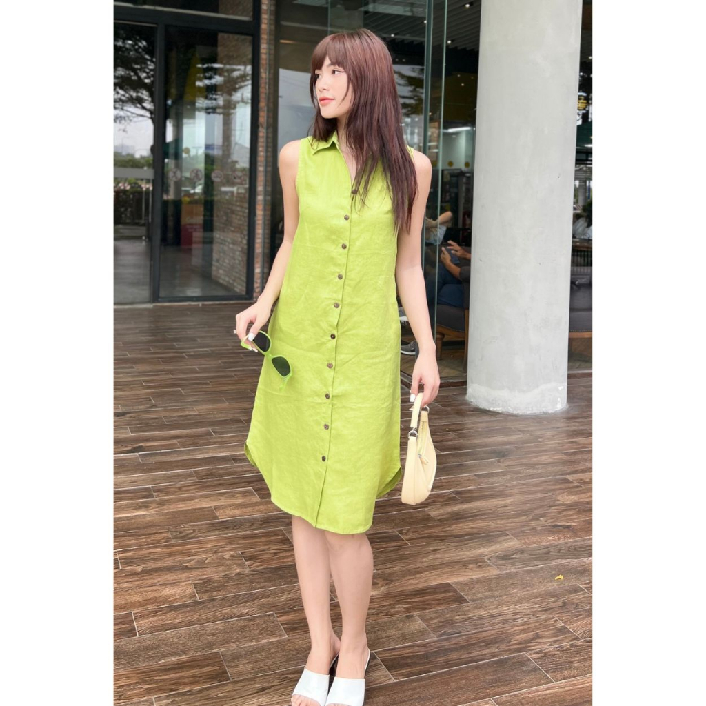 Đầm Sơ Mi Trơn ROXY Kiểu Sát Nách Vải Linen Tưng Thoáng Mát, Phong Cách Năng Động 9040