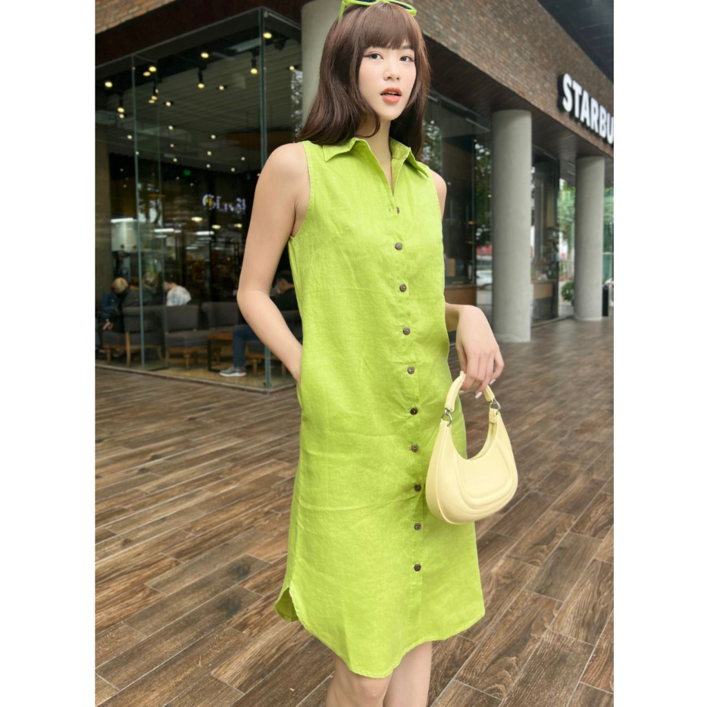 Đầm Sơ Mi Trơn ROXY Kiểu Sát Nách Vải Linen Tưng Thoáng Mát, Phong Cách Năng Động 9040