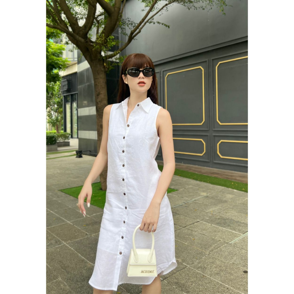 Đầm Sơ Mi Trơn ROXY Kiểu Sát Nách Vải Linen Tưng Thoáng Mát, Phong Cách Năng Động 9040