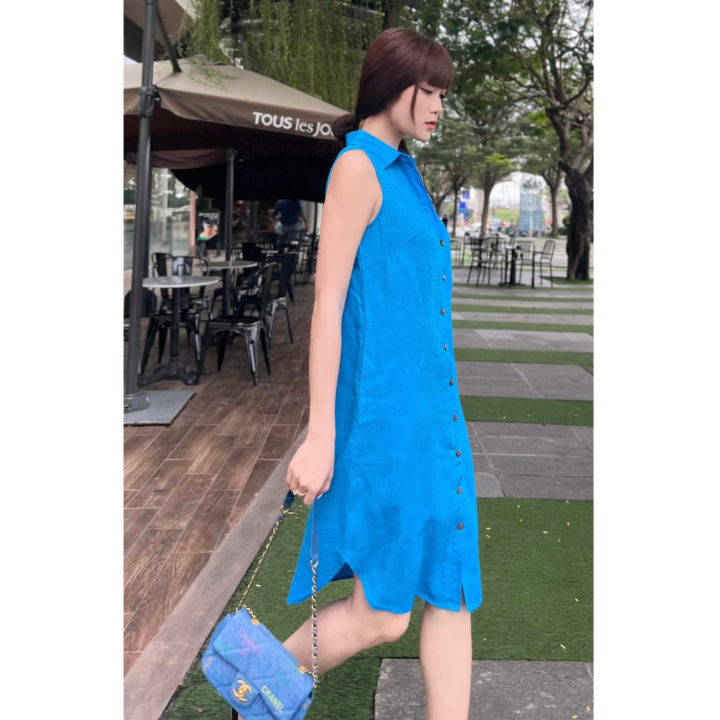 Đầm Sơ Mi Trơn ROXY Kiểu Sát Nách Vải Linen Tưng Thoáng Mát, Phong Cách Năng Động 9040