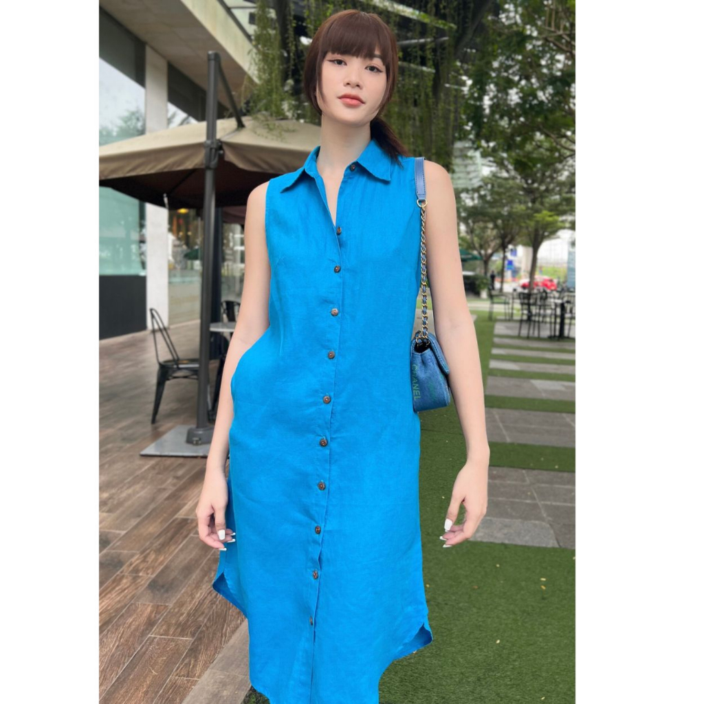 Đầm Sơ Mi Trơn ROXY Kiểu Sát Nách Vải Linen Tưng Thoáng Mát, Phong Cách Năng Động 9040