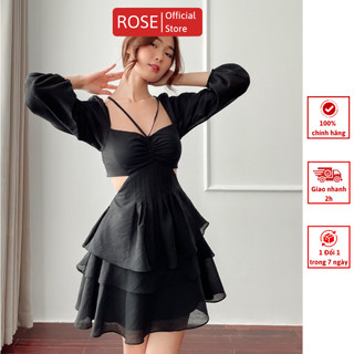 Đầm Xòe Dự Tiệc Dáng Ngắn 3 Tầng Phong Cách Sexy Khoét Eo Hở Lưng Màu Họa Tiết Hoa Màu Trắng, Đen | ROSE CLOTHING D0488
