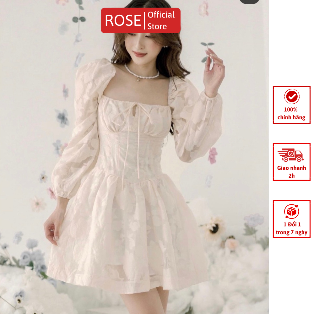Đầm Xòe Cổ Vuông Tay Phồng Dáng Ngắn Phong Cách Tiểu Thư Xinh Xắn Chất Liệu Ren | ROSE CLOTHING D0495
