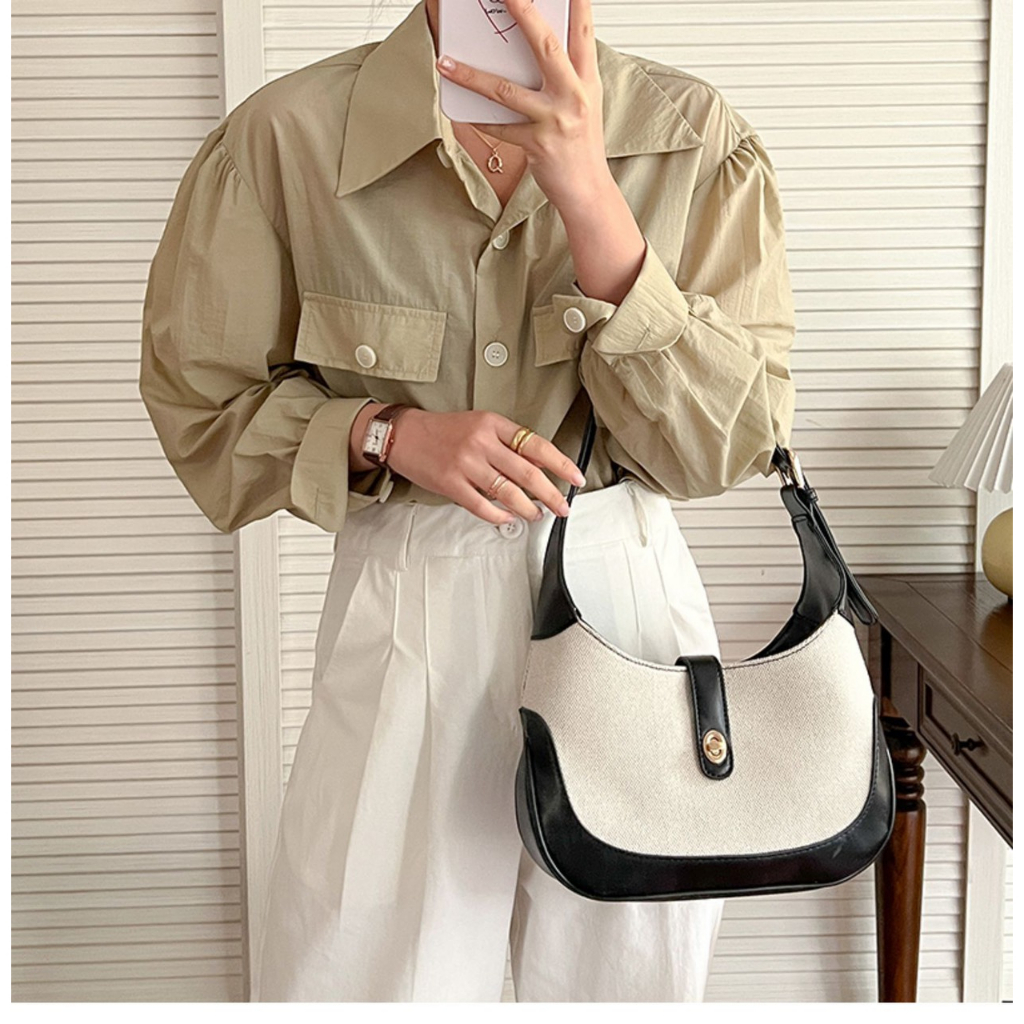 Túi xách nữ đeo vai kẹp nách Ceelyn vải canvas khâu tương phản retro thời thượng mẫu mới 2023 size 26 DT105