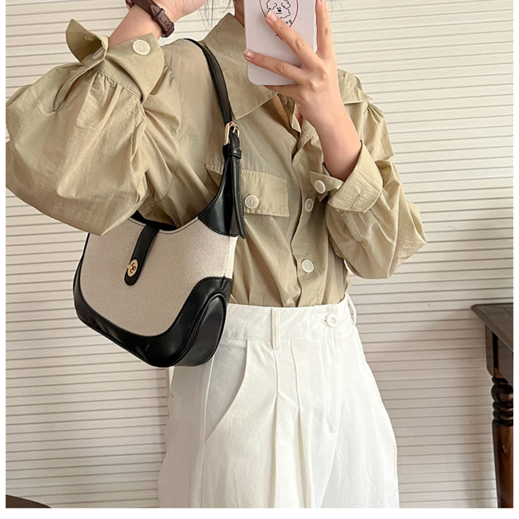 Túi xách nữ đeo vai kẹp nách Ceelyn vải canvas khâu tương phản retro thời thượng mẫu mới 2023 size 26 DT105