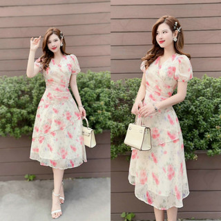 Đầm voan hoa xếp ly tay phồng eo chéo bụng dáng midi xinh xắn, đáng yêu