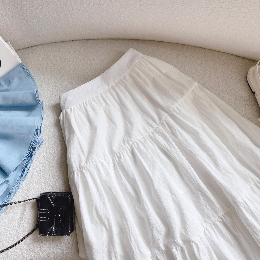 SET ÁO CROPTOP BẸT VAI XANH + CHÂN VÁY MIDI TẦNG TRẮNG