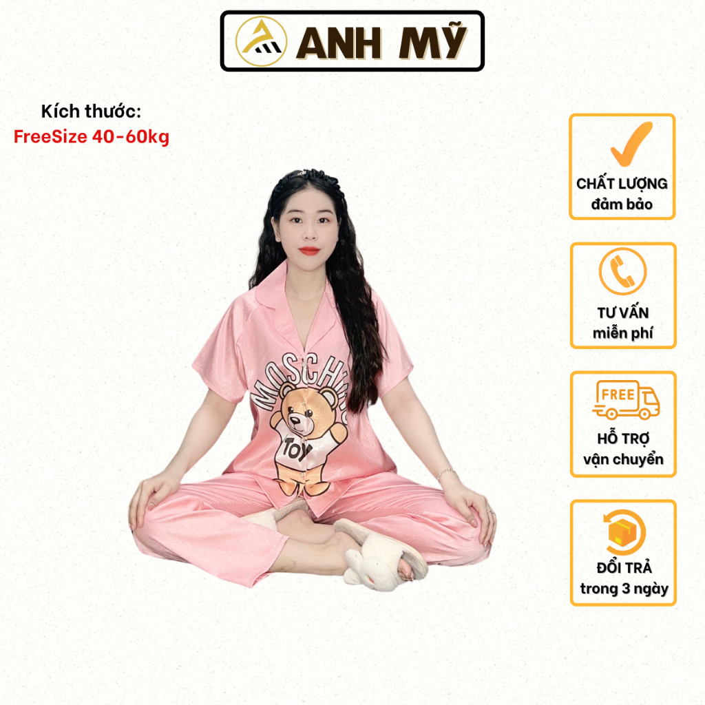 Đồ bộ nữ ANH MỸ pijama chất liệu lụa xước ánh kim cao cấp tay ngắn quần dài XUOCD - 03