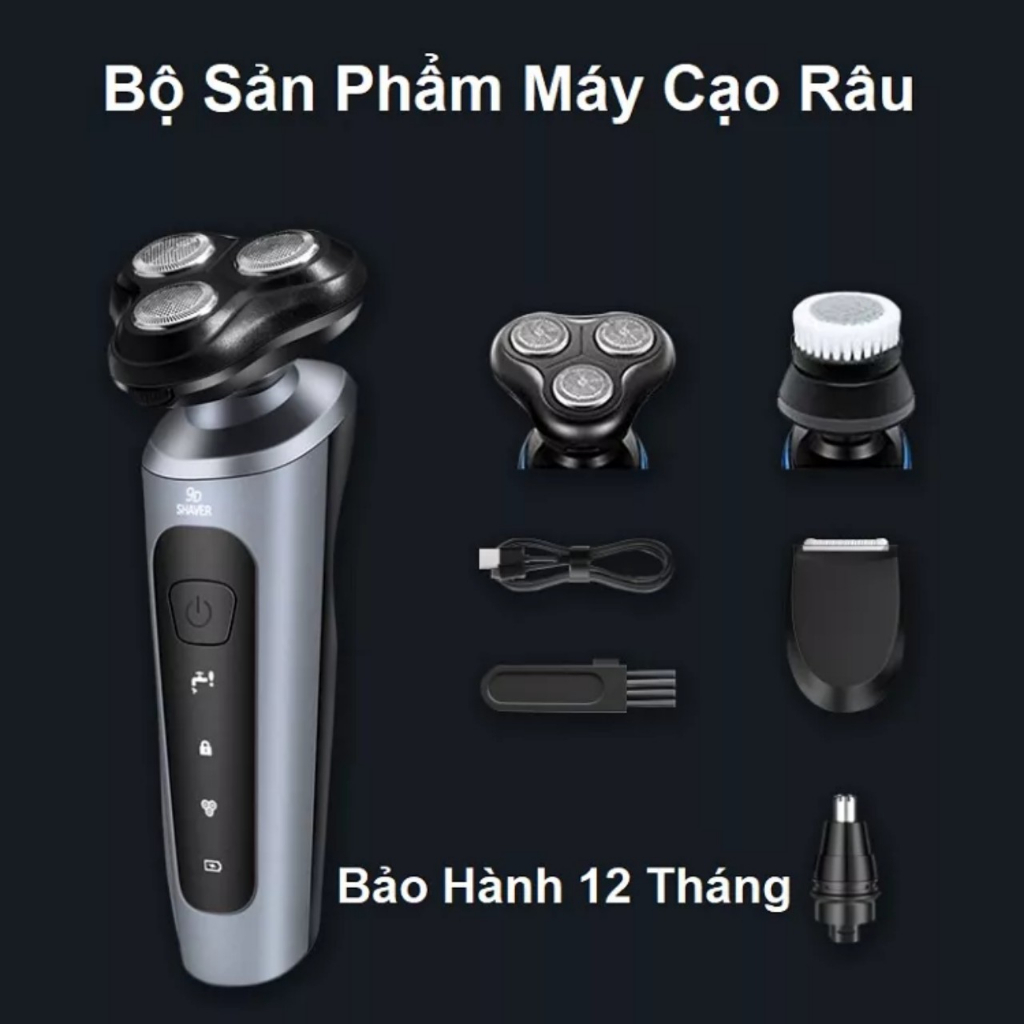 Máy cạo râu nam Shaver 9D 4in1 kiêm tỉa lông mũi cao cấp, 3 lưỡi dao kép, công nghệ chống nước