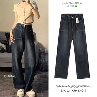 Quần jean baggy nữ ống rộng Ulzzang Kyubi cắt lai tua cá tính bigsize - Quần Jean ống rộng phối túi trước cullote Kyubi