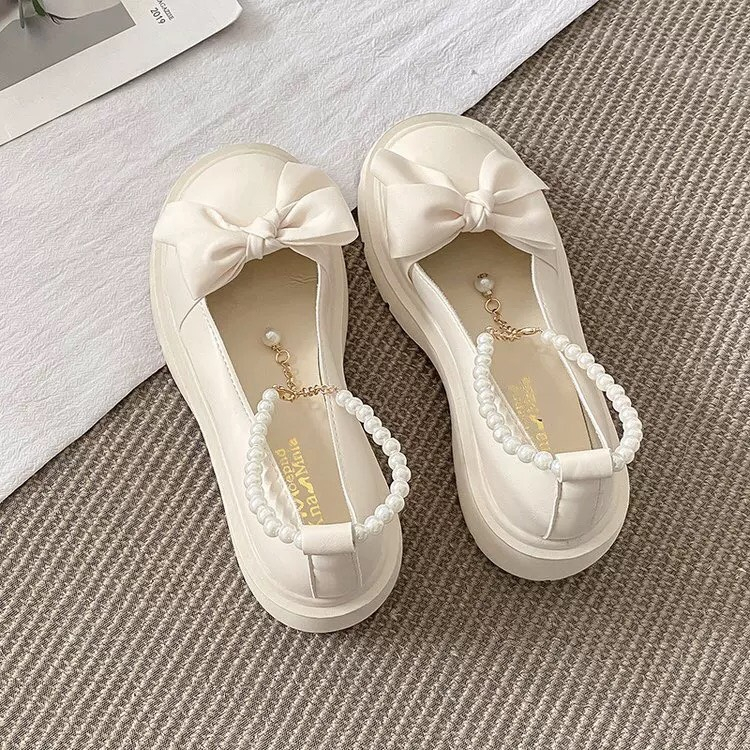 Giày lolita nữ da lì quai ngọc phối nơ xinh xắn,Giày mary đế 5cm 2 màu đen, trắng siêu hot