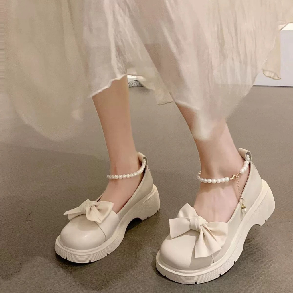 Giày lolita nữ da lì quai ngọc phối nơ xinh xắn,Giày mary đế 5cm 2 màu đen, trắng siêu hot