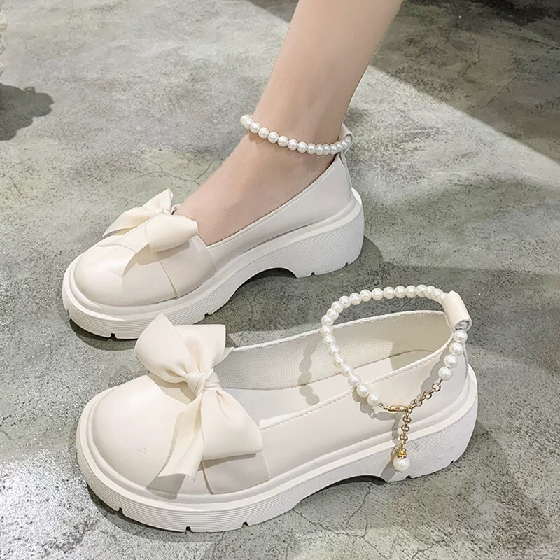 Giày lolita nữ da lì quai ngọc phối nơ xinh xắn,Giày mary đế 5cm 2 màu đen, trắng siêu hot