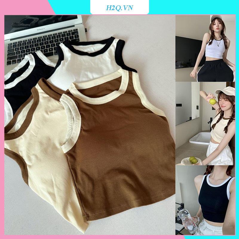 Áo croptop, Áo ba lỗ nữ sát nách vải bozip tăm hàn ôm body, gân mềm mát H2Q 3
