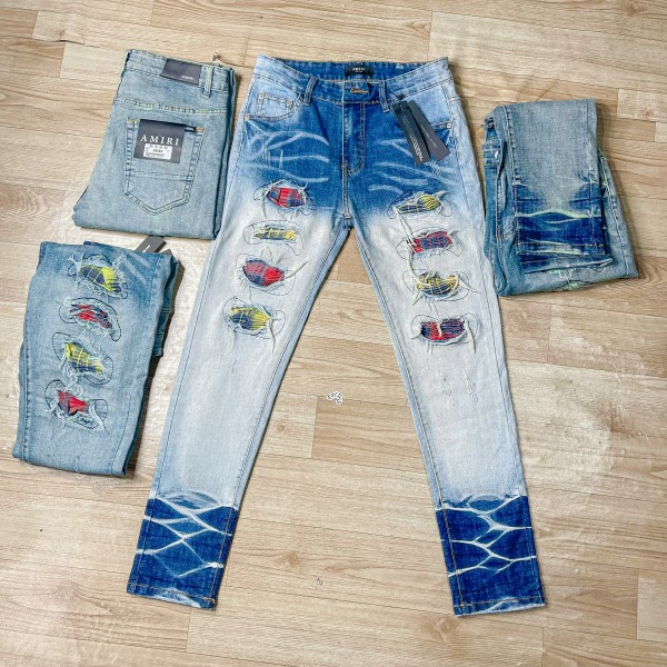 Quần JEAN Amiri Nam Wash Xanh Khói Rách Xù Viền Vá Vải Nhăn Xanh Quần Bò Nam Xanh Khói Gối Vá Họa Tiết Hot1