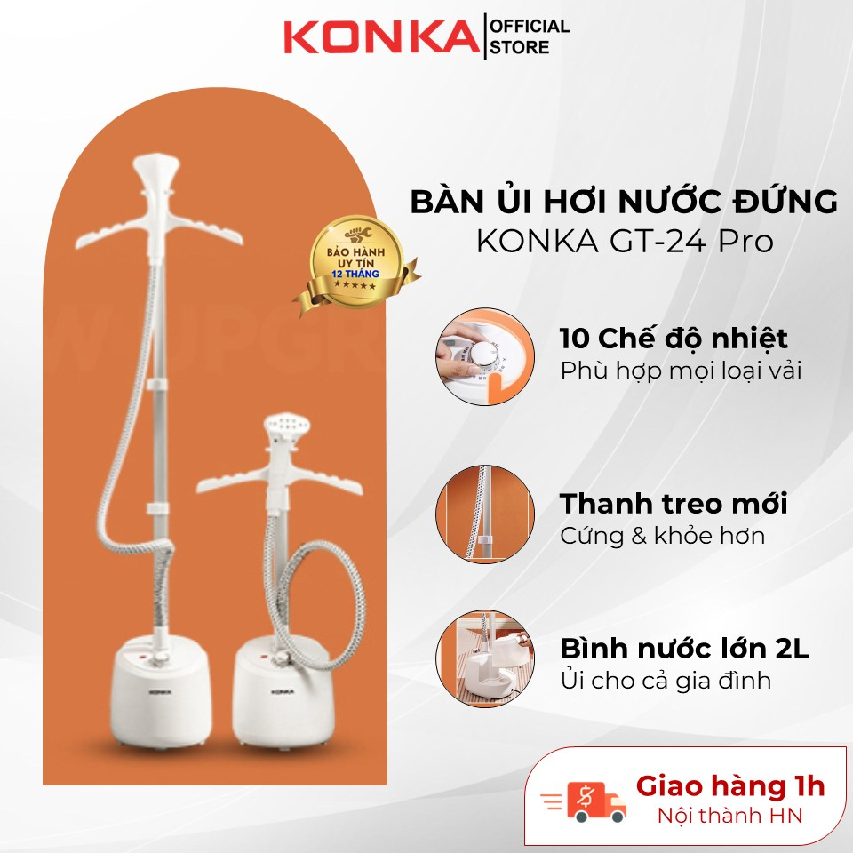 Bàn ủi hơi nước đứng Konka-GT24 Pro, 10 chế độ ủi cho mọi loại vải, dung tích 2L, cây treo 3 cấp cứng cáp, BH 12 tháng.