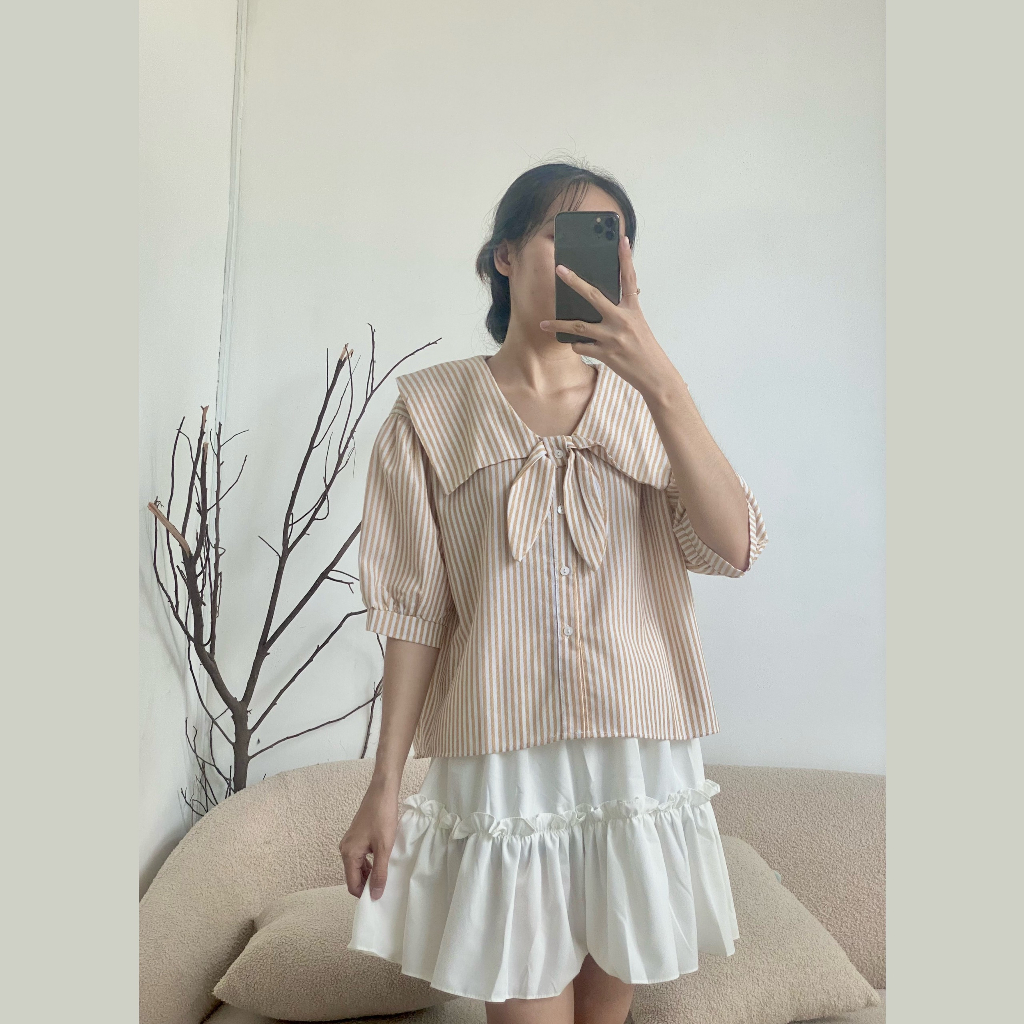 Sơ mi sọc cột nơ cổ thủy thủ