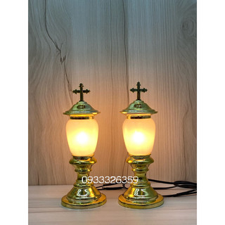 Cặp đèn thờ thánh giá - đèn điện xi màu đồng 23cm