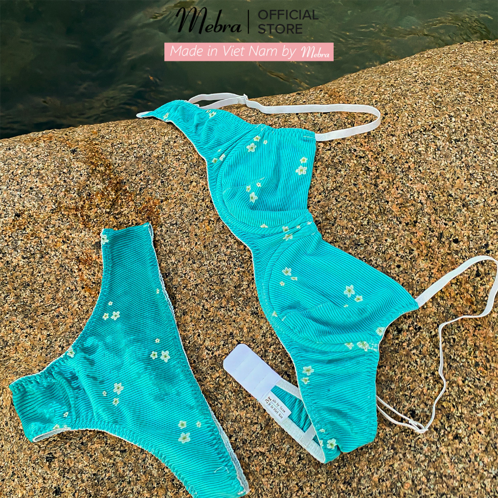 Set đồ lót LAYLA cotton gân xanh navy sang sáng da có gọng không mút hoa nhí mùa hè tươi mát Mebra A108
